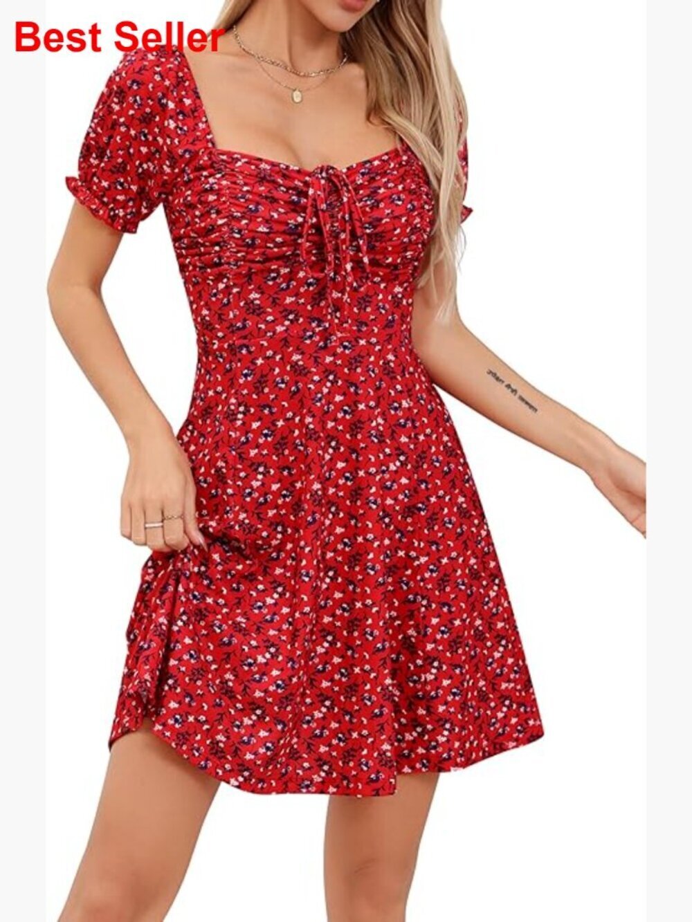 Puff Sleeve Fit and Flare Drawstring Floral Mini Dress